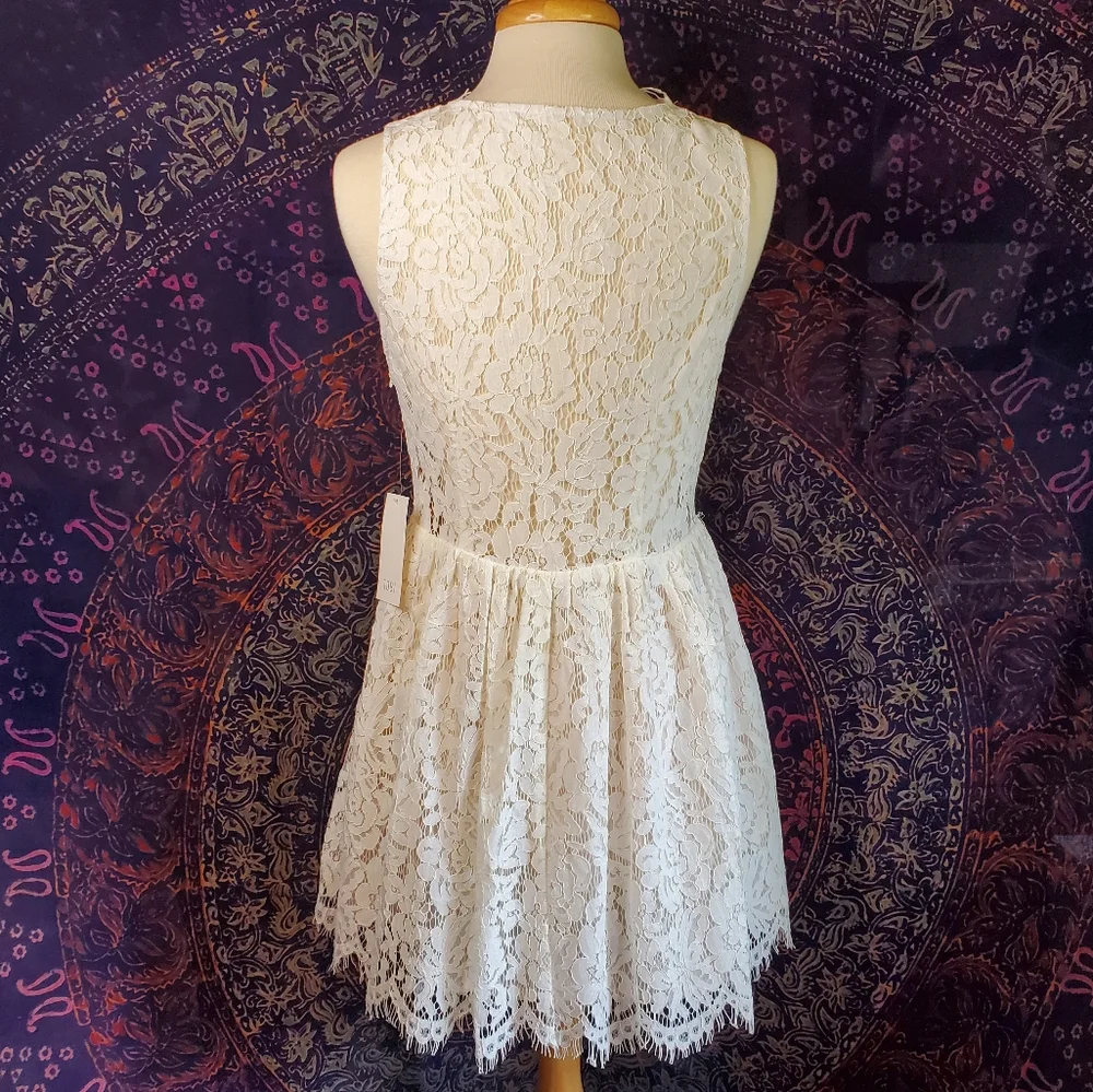 NWT Tobi Off White Lace Sleeveless Deep-V Sheer Back Mini Dress Womens Medium - Picture 3 of 15
